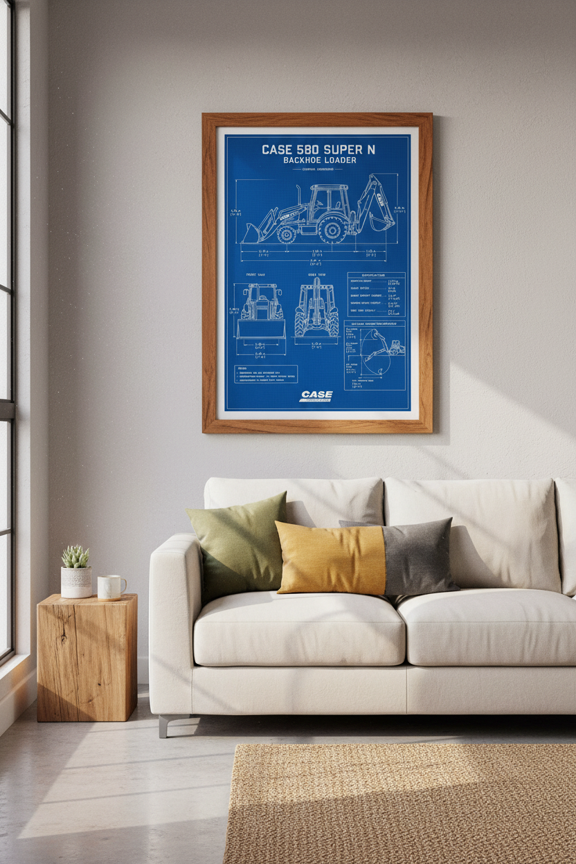 Case 580 Backhoe Blueprint Wall Art | Industrial Office Decor | Construction Poster