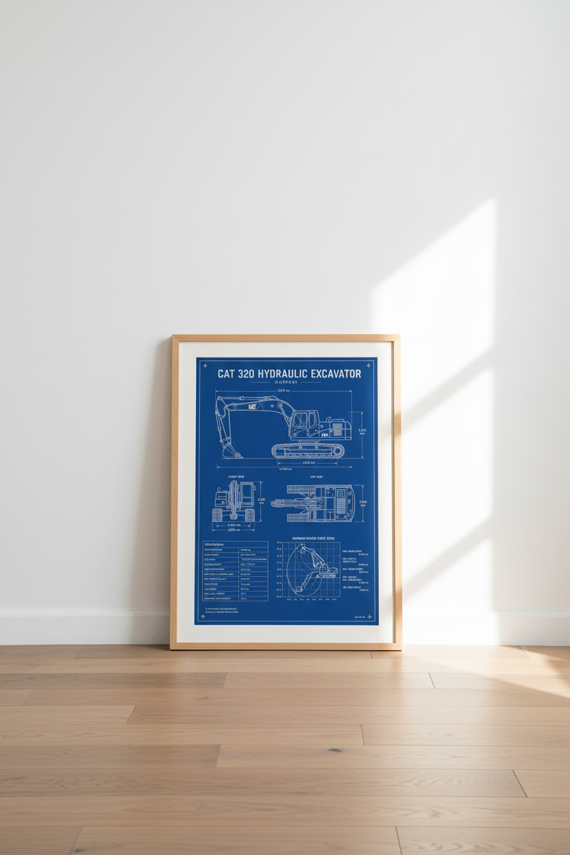 Excavator Blueprint Art | Industrial Blue Technical Drawing, Office Decor