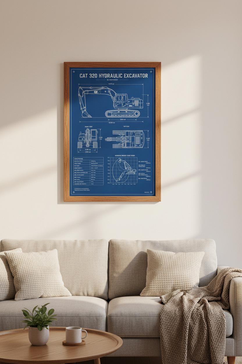 Excavator Blueprint Art | Industrial Blue Technical Drawing, Office Decor