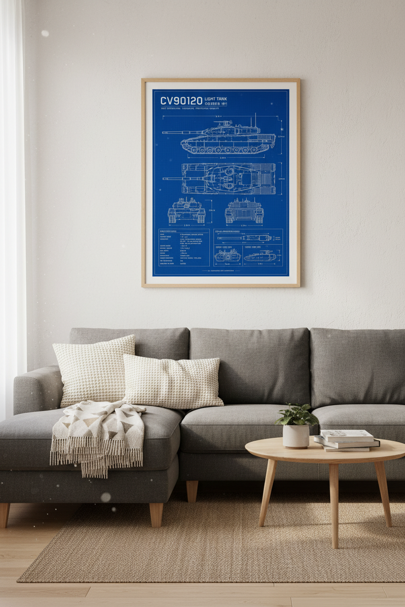 Swedish CV90120 Light Tank Blueprint | Military Schematic, Office Decor Poster