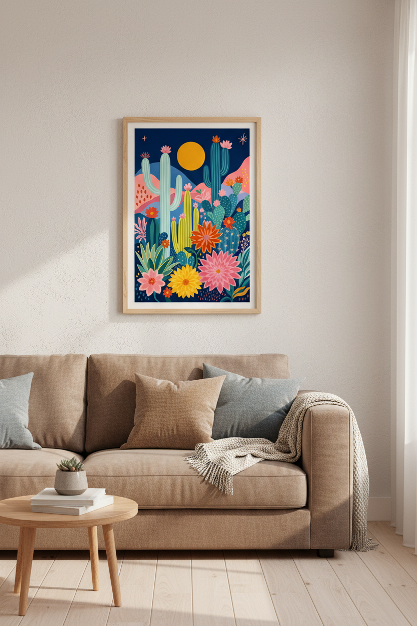 Desert Cactus Night Garden Wall Art | Floral Boho Decor | Maximalist Poster