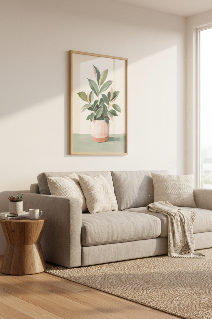 Rubber Plant Wall Art Print | Boho Botanical Decor | Modern Pink Pot Poster