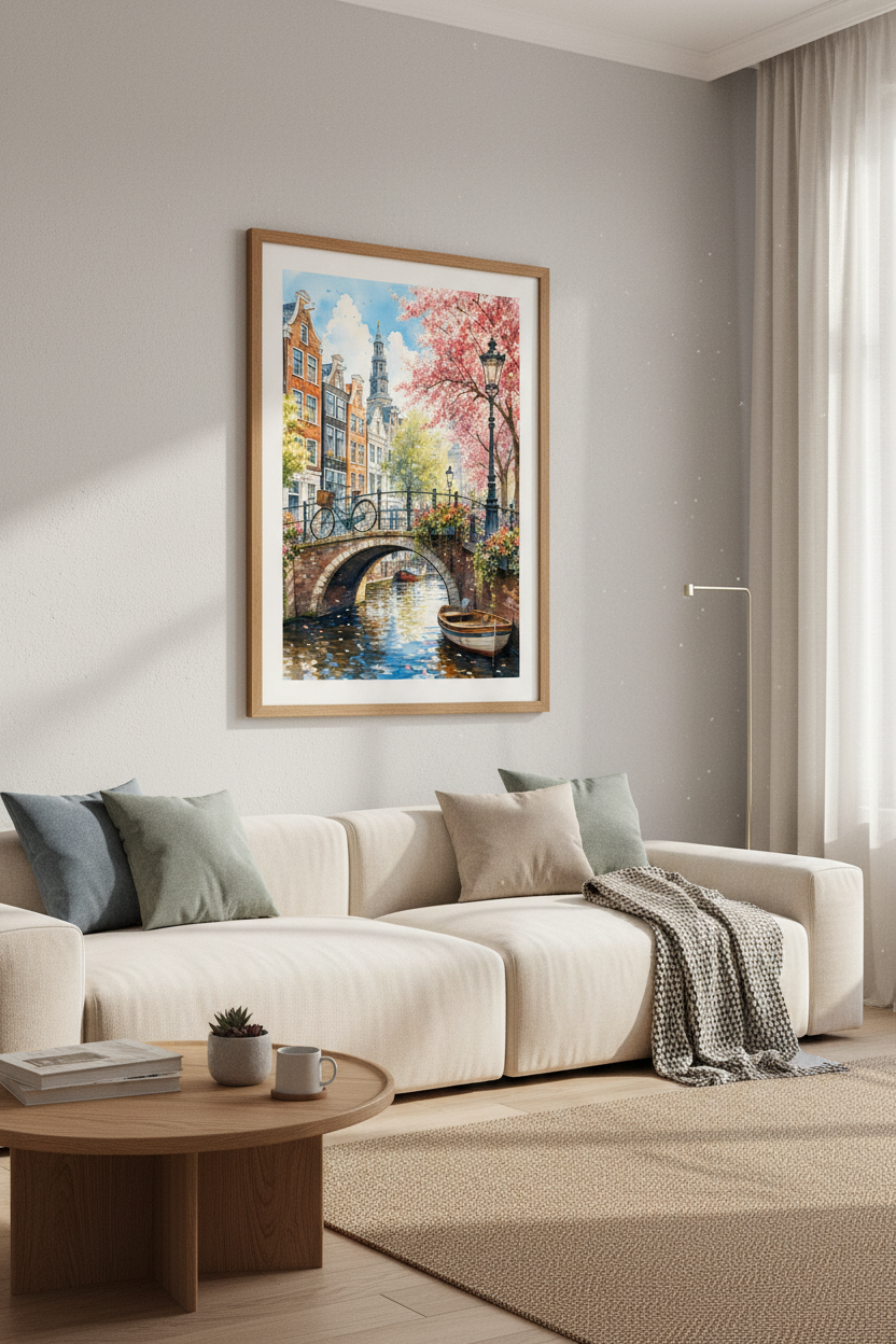 Amsterdam Canal Watercolor Art | Pink Cherry Blossom Print, European Cityscape Decor