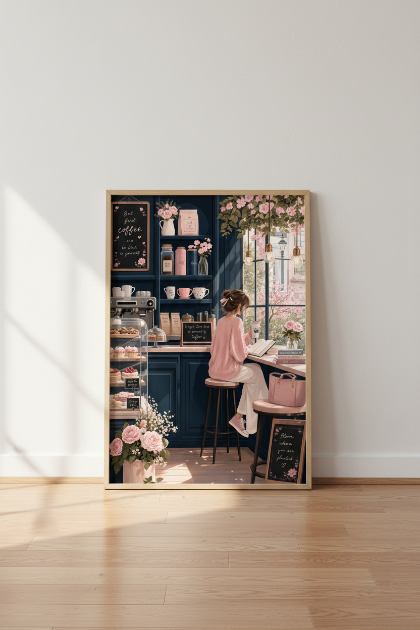 Coffee Shop Girl Wall Art Print | Kitchen Cafe Decor | Aesthetic Pastel Poster