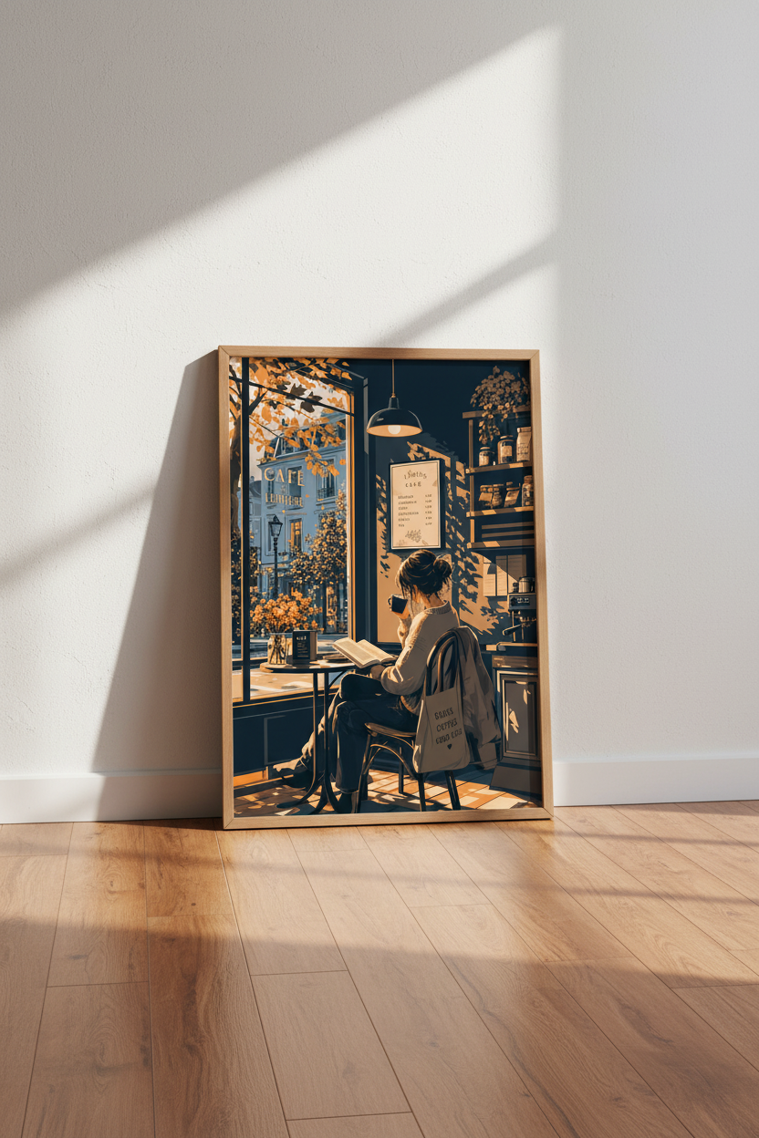 Cozy Cafe Girl Reading Wall Art | Library Decor | Dark Academia Poster