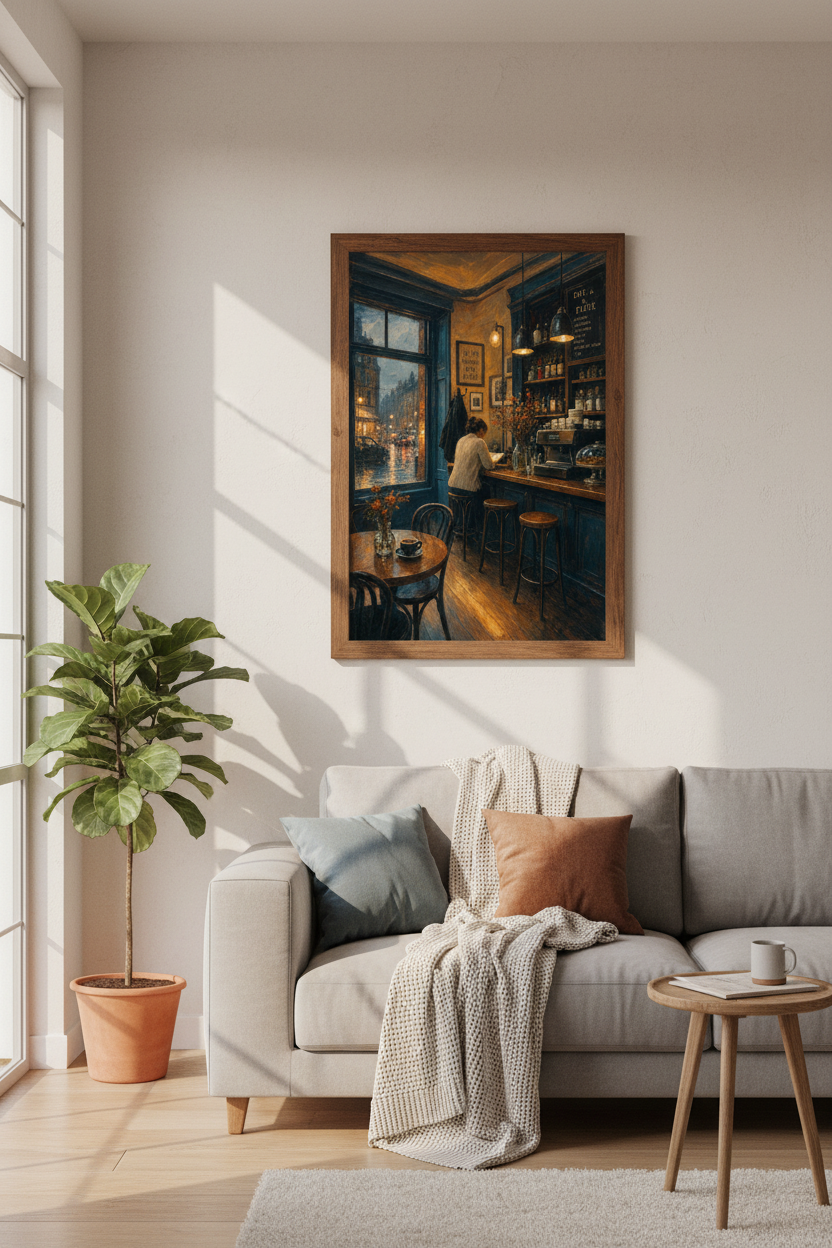 Paris Cafe Wall Art | Moody Impressionist Oil Painting Print | Cozy Kitchen Decor