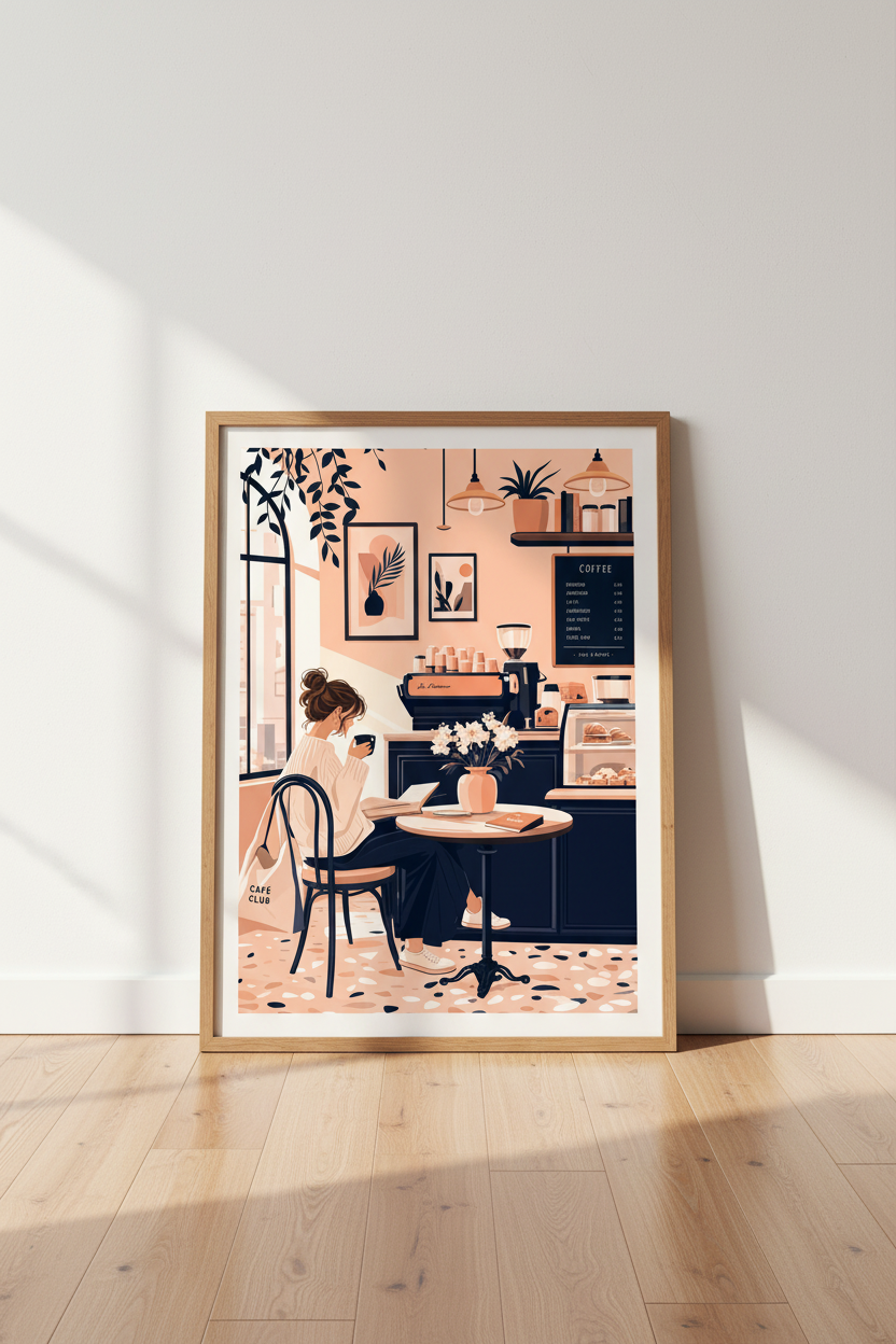 Coffee Shop Girl Wall Art | Peach Boho Cafe Decor | Cozy Reading Poster