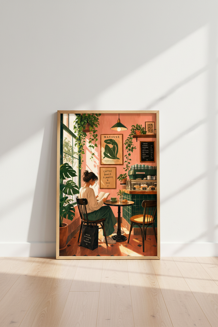 Cozy Cafe Reading Art | Pink Botanical Aesthetic, Book Lover Gift & Kitchen Decor