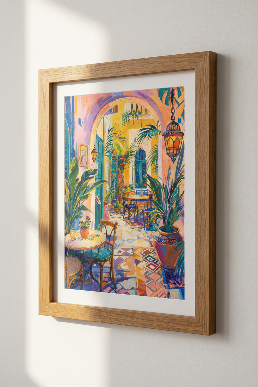Moroccan Courtyard Art | Vibrant Mediterranean Poster, Bohemian Travel Wall Art
