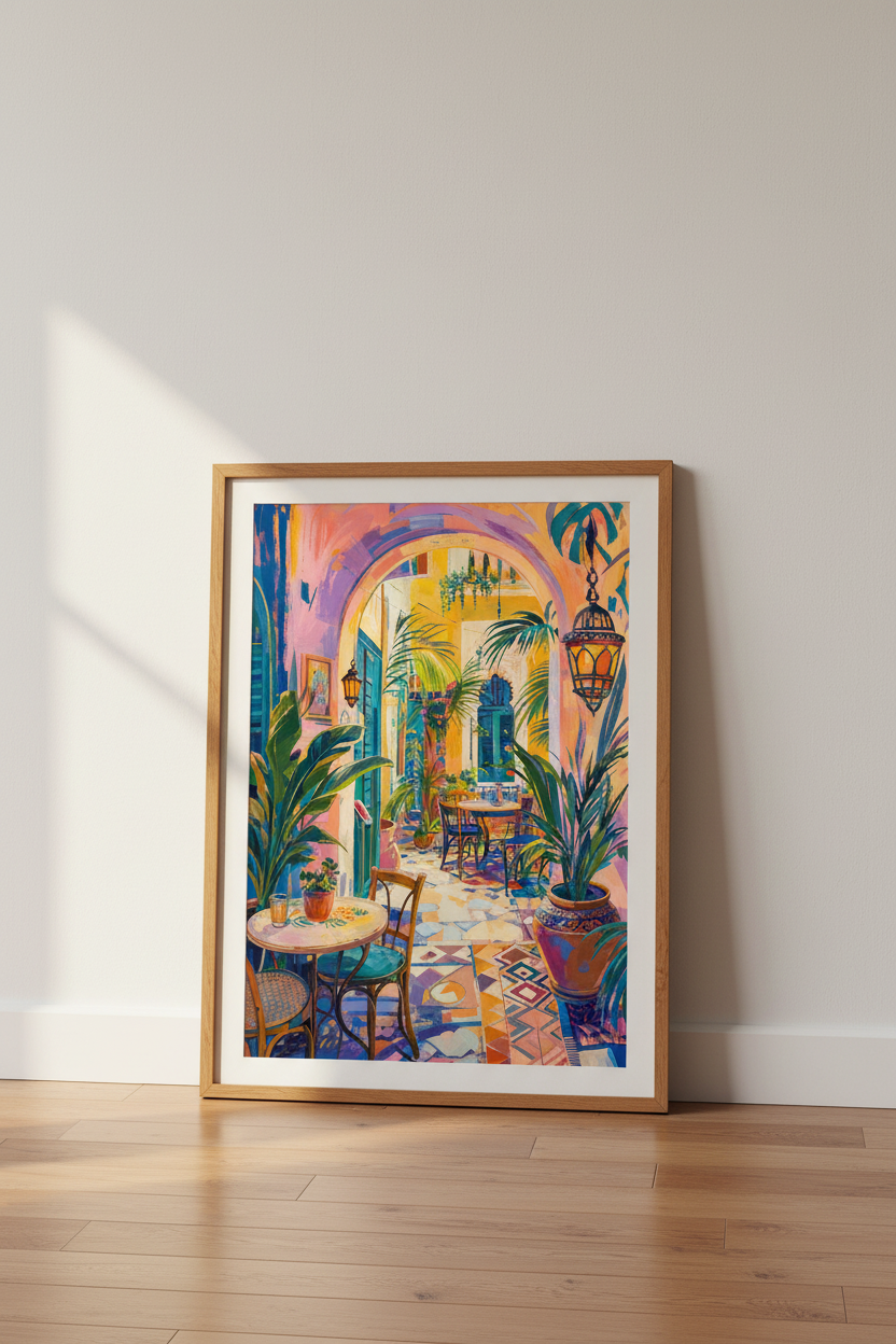Moroccan Courtyard Art | Vibrant Mediterranean Poster, Bohemian Travel Wall Art