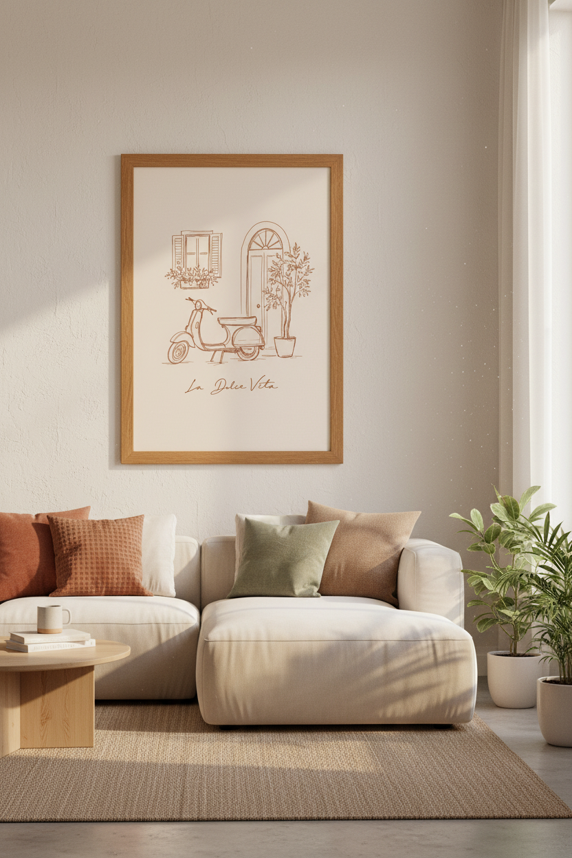 La Dolce Vita Italian Scooter Art | Terracotta Minimalist Poster, Kitchen Wall Decor
