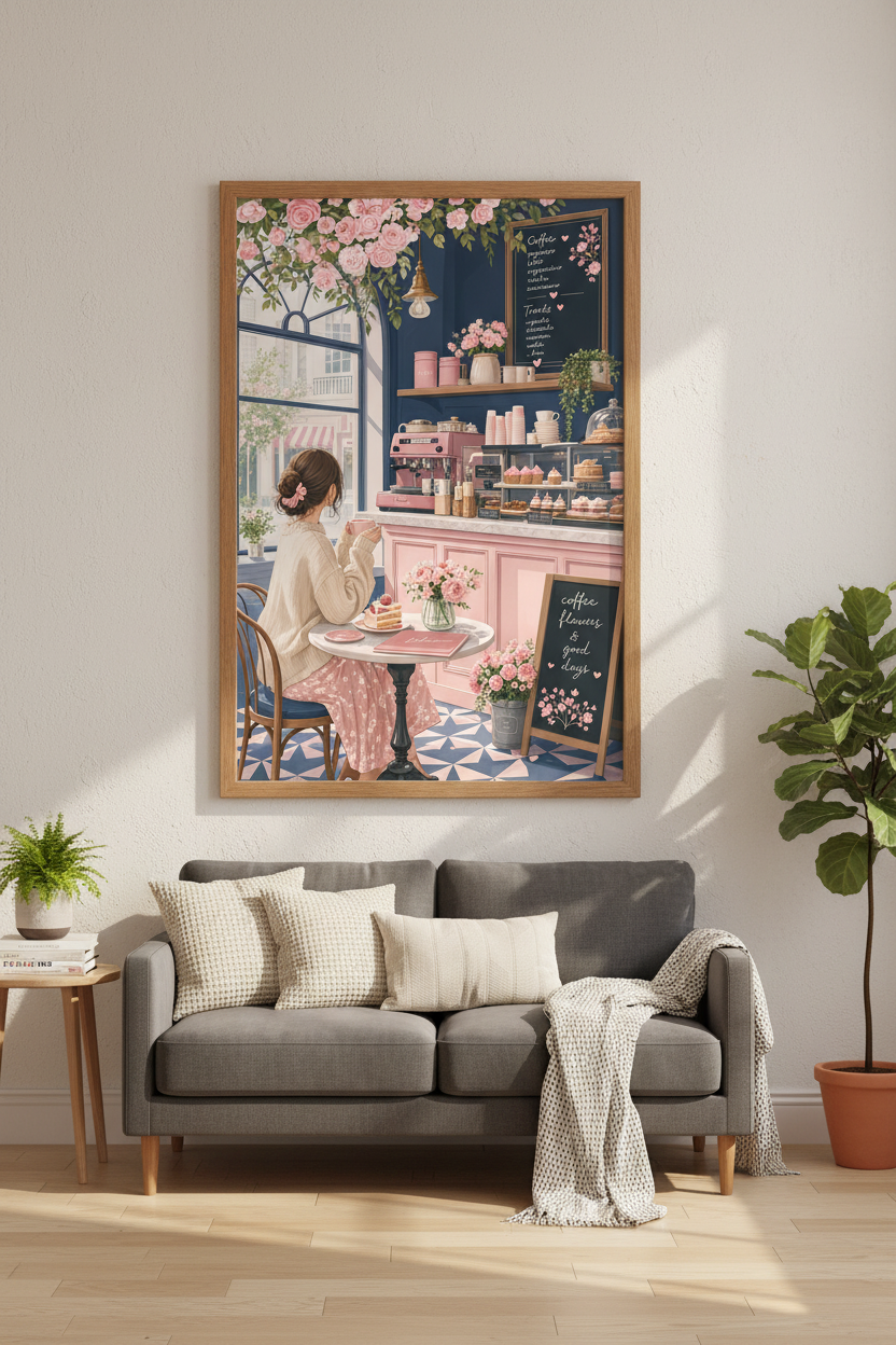 Pink Coffee Shop Wall Art | Pastel Bakery Cafe Print, Kitchen & Bedroom Decor
