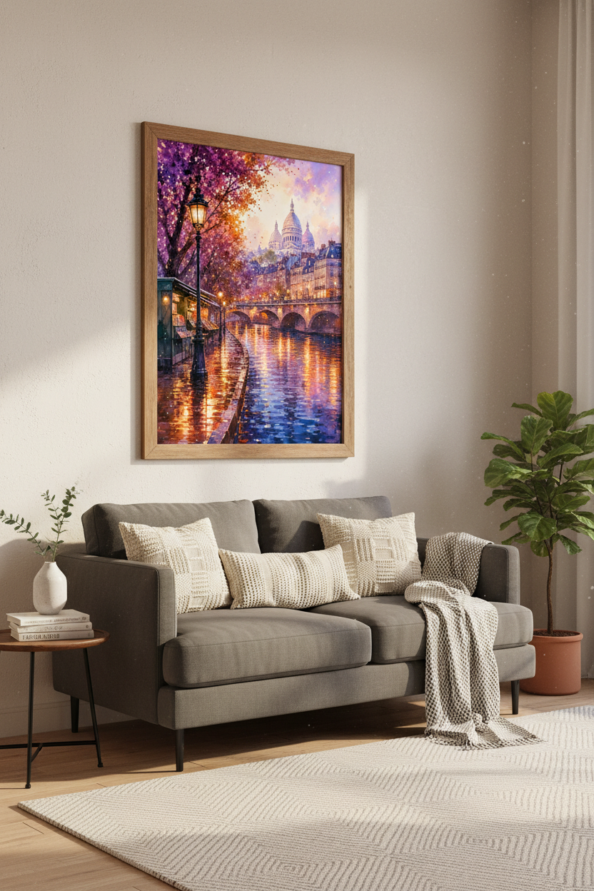 Paris River Seine Watercolor Print | Purple French Cityscape Decor | Romantic Poster