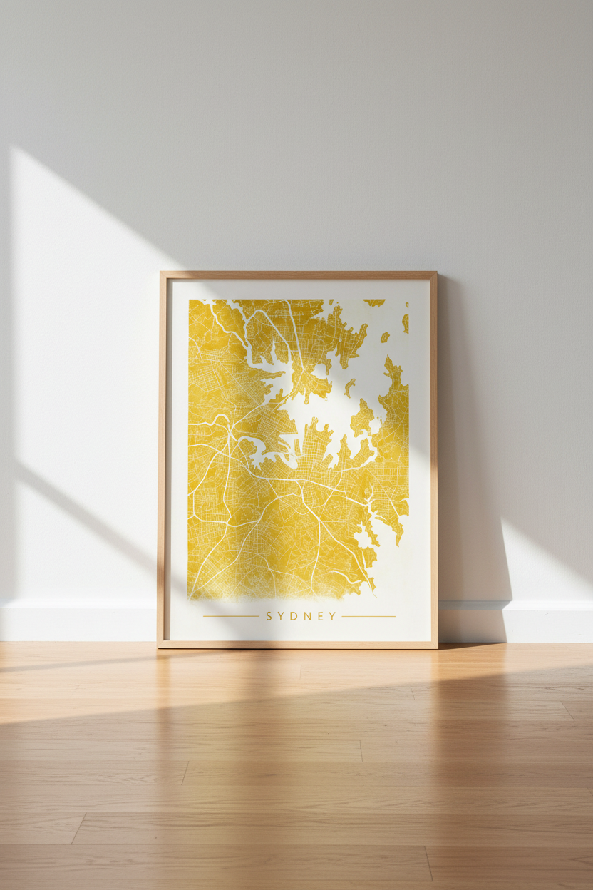 Sydney Map Wall Art | Mustard Gold City Street Map, Office & Living Room Decor