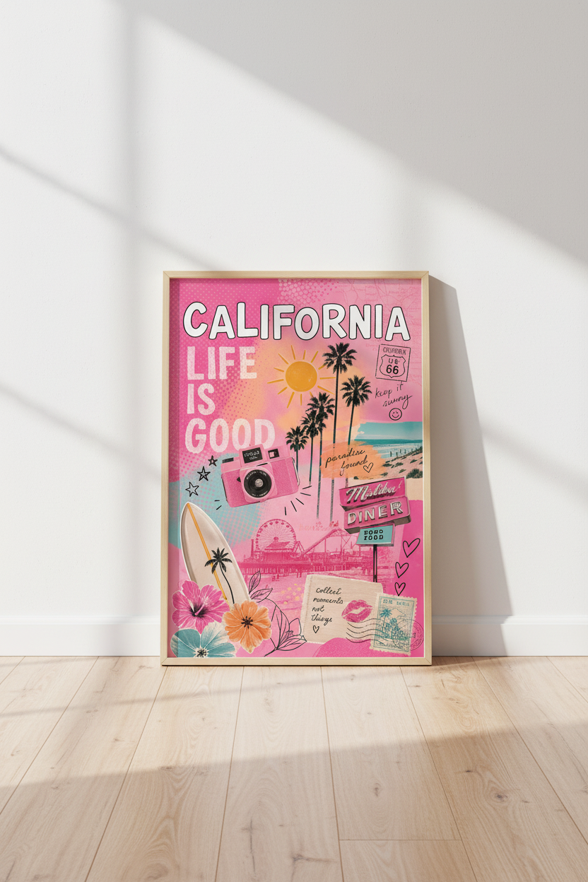 Pink California Wall Art | Preppy Retro Malibu Poster, Vibrant West Coast Dorm Decor