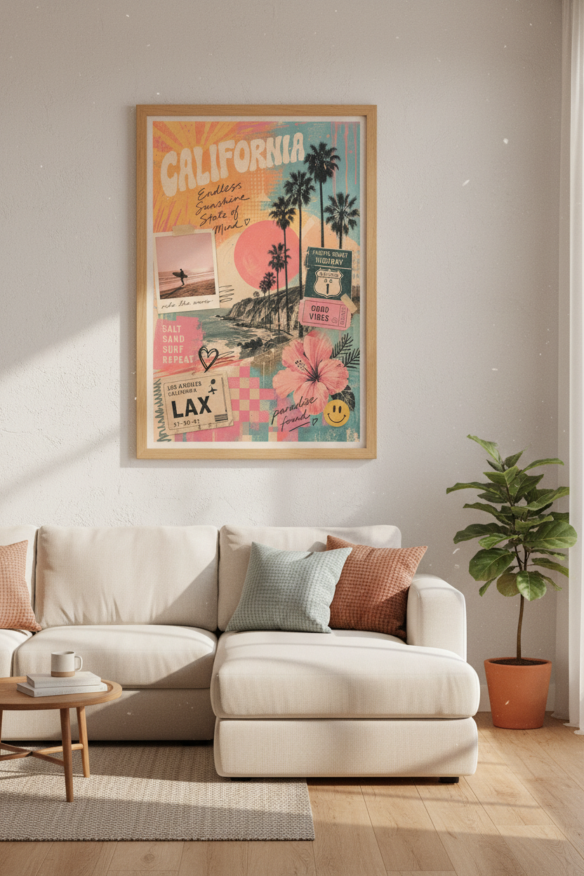 Retro California Poster | Vintage Coastal Collage, Beach House Wall Art Print
