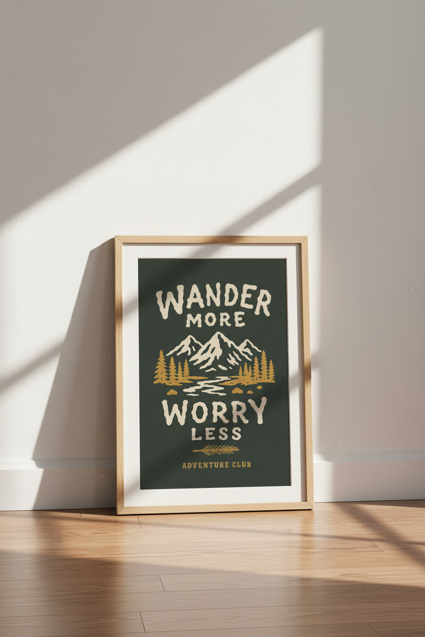 Wander More Worry Less Wall Art | Retro Mountain Nature Poster | Forest Green Cabin Decor