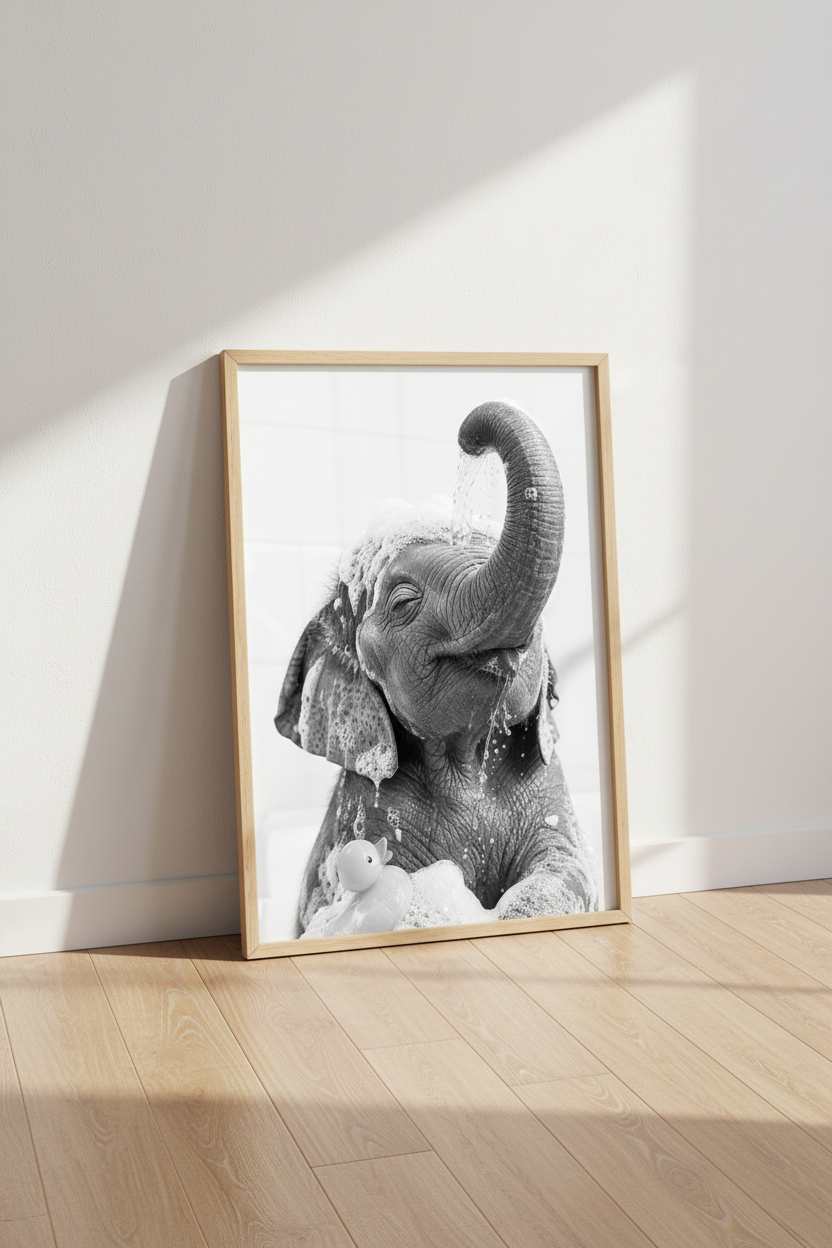Baby Elephant Bath Wall Art | Black and White Nursery Decor | Whimsical Poster