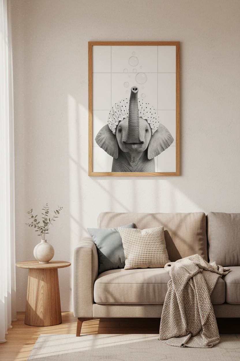 Elephant in Shower Cap Wall Art | Funny Bathroom Decor | Black and White Poster