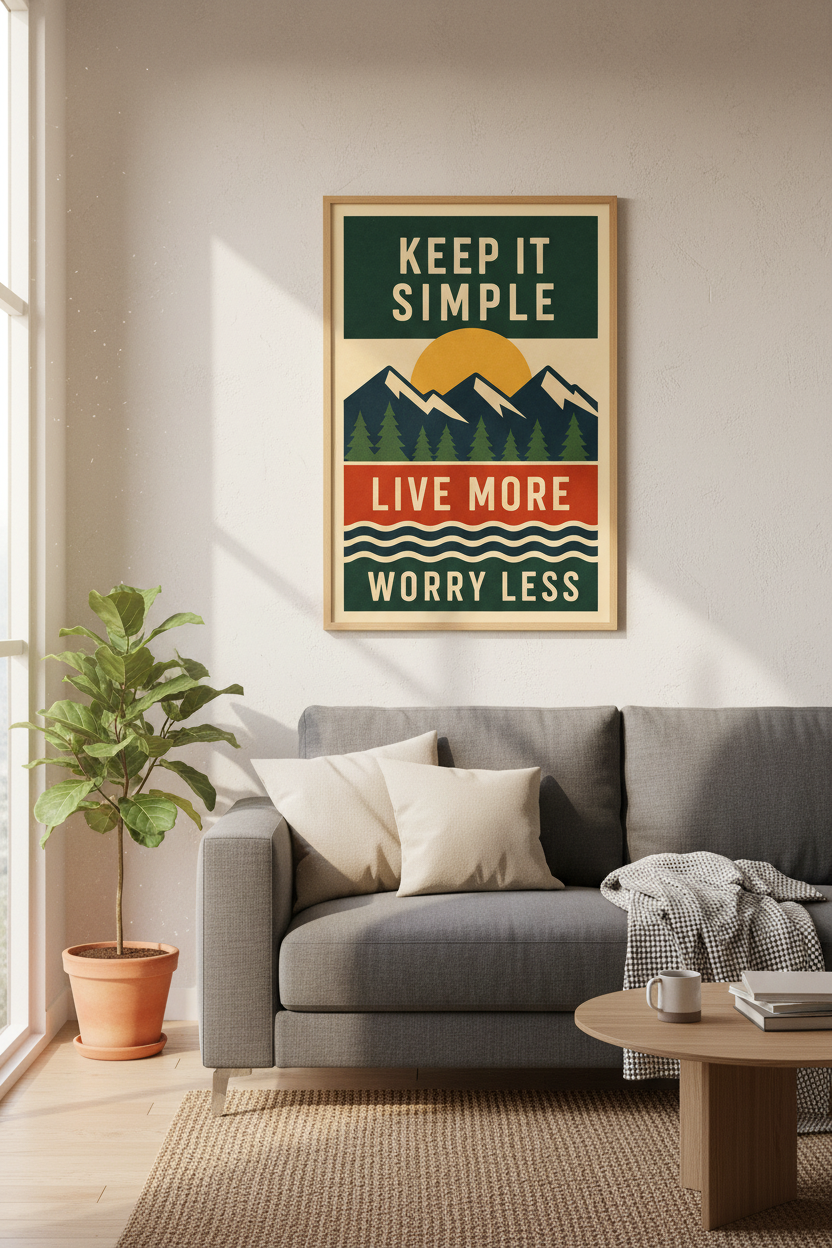 Keep It Simple Mountain Wall Art Print | Retro Nature Decor | Motivational Poster
