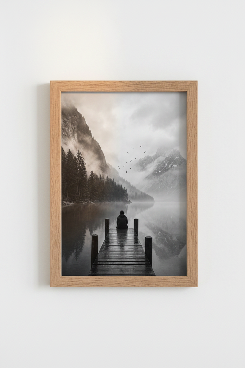 Moody Landscape Wall Art | Black and White Mountain Pier Print, Misty Lake Decor