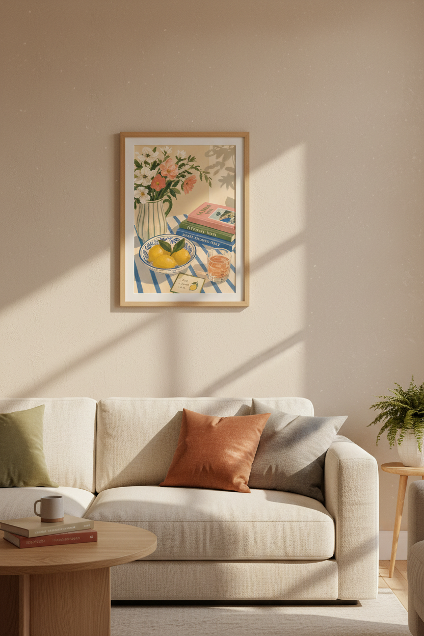 Italian Summer Still Life Art | Mediterranean Lemon & Travel Book Decor | Coastal Poster