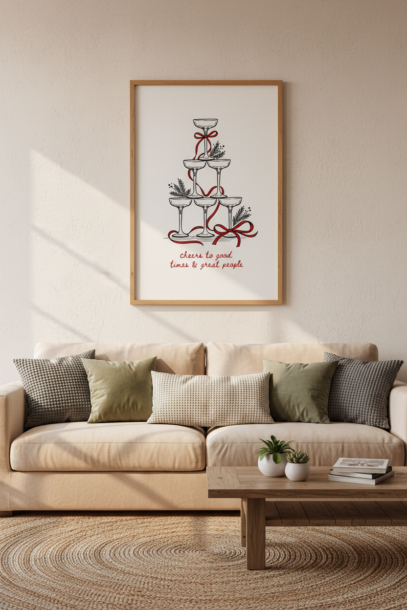 Festive Bar Cart Wall Art | Champagne Tower Print, Holiday Kitchen Decor
