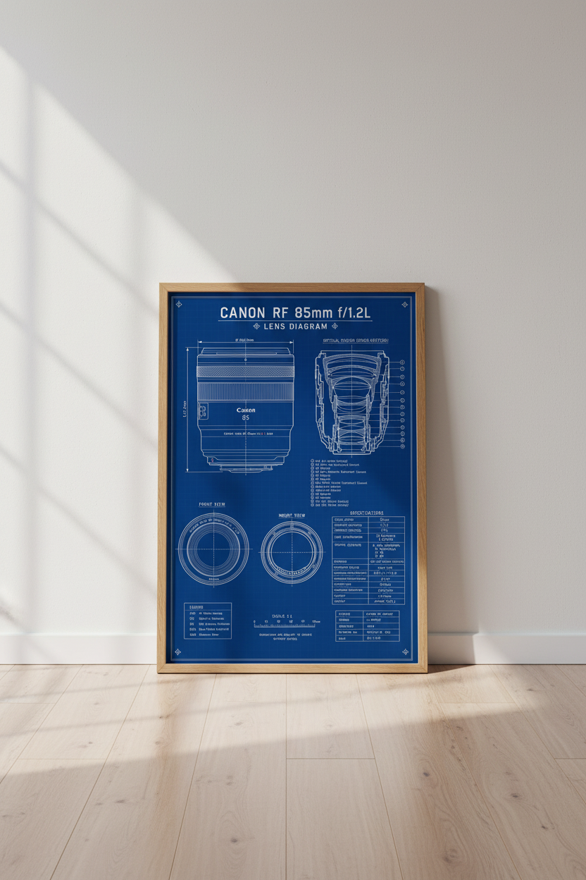 Canon 85mm Lens Blueprint Wall Art | Camera Tech Poster, Photography Decor