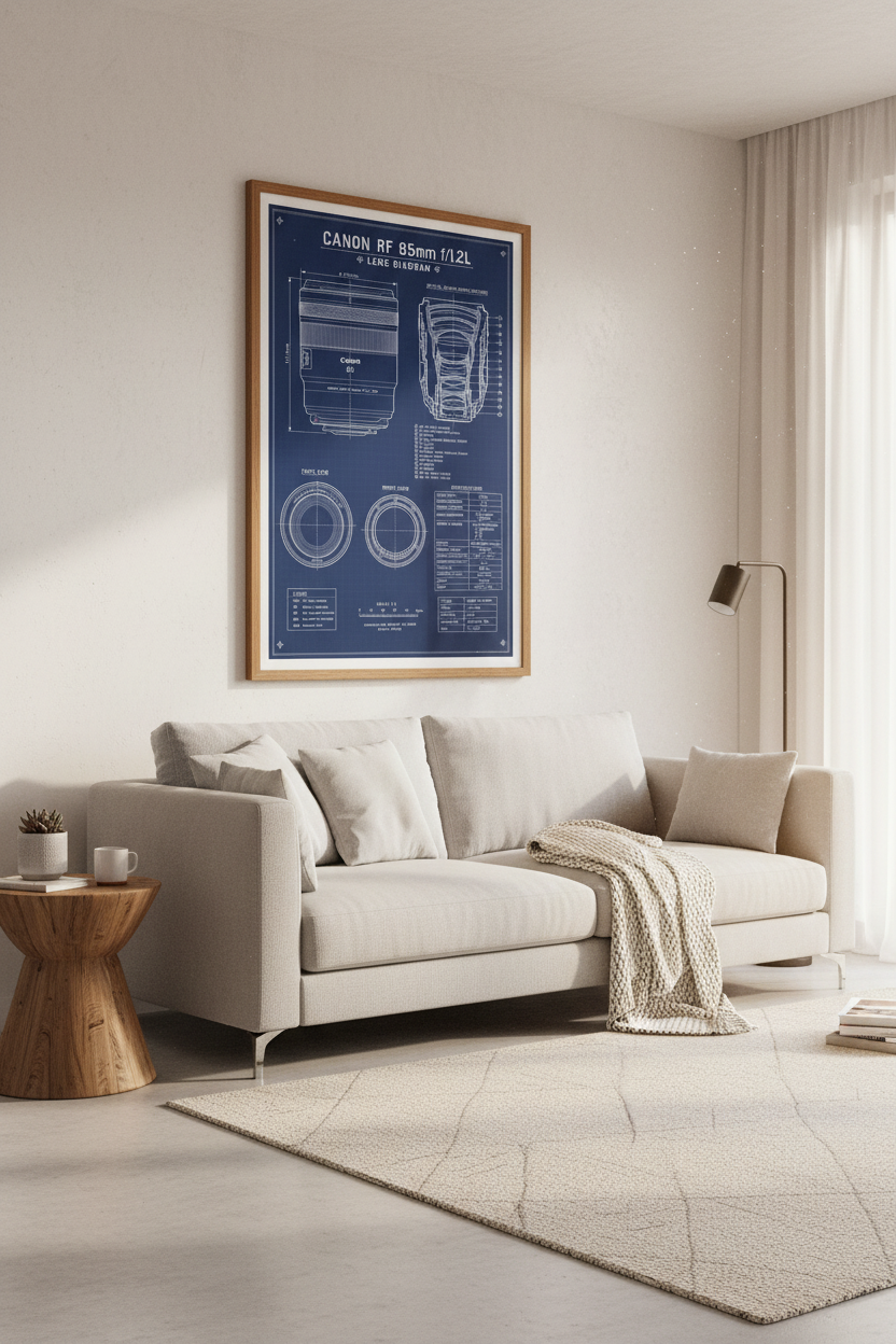 Canon 85mm Lens Blueprint Wall Art | Camera Tech Poster, Photography Decor
