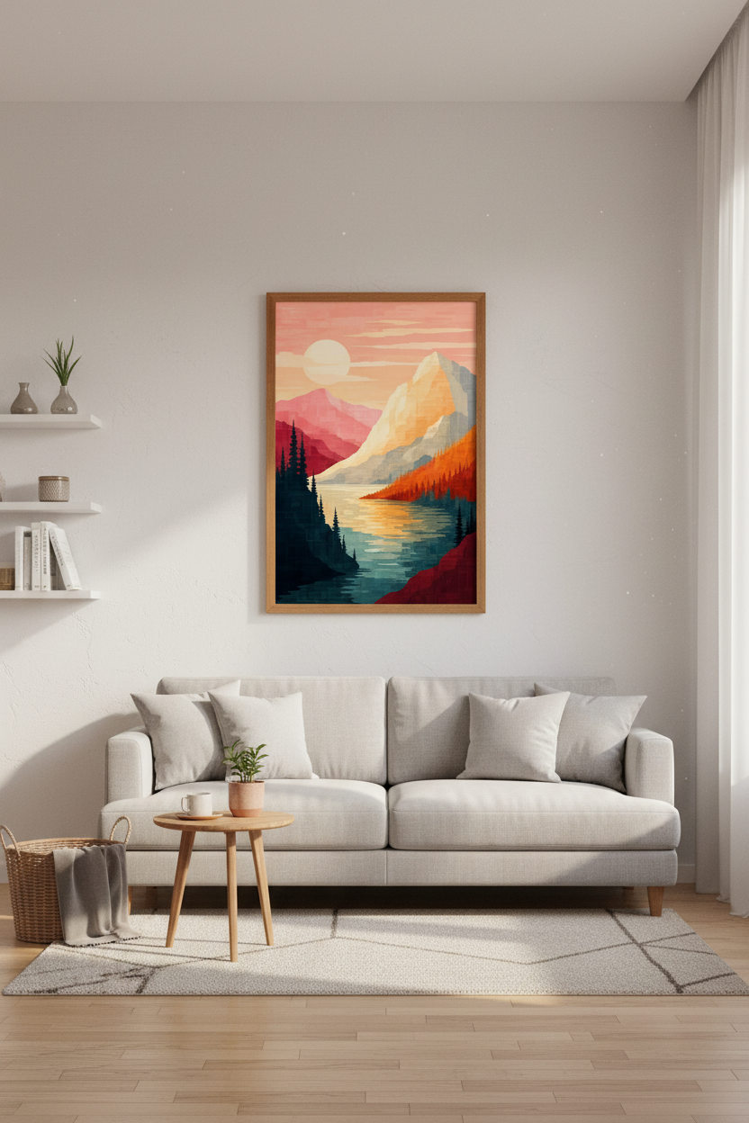 Mountain Lake Landscape Wall Art | Sunset Nature Print, Modern Living Room Decor