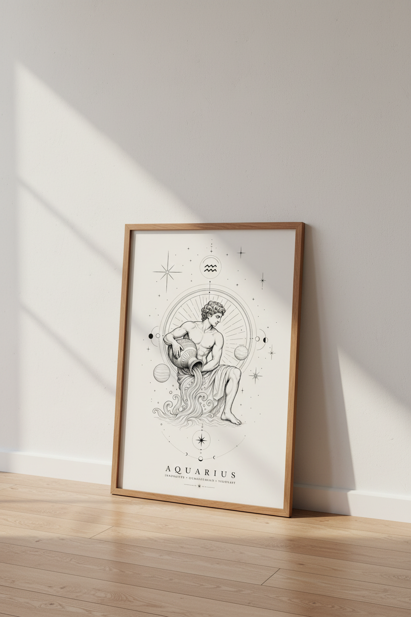 Aquarius Zodiac Wall Art | Celestial Sketch, Bedroom & Office Decor