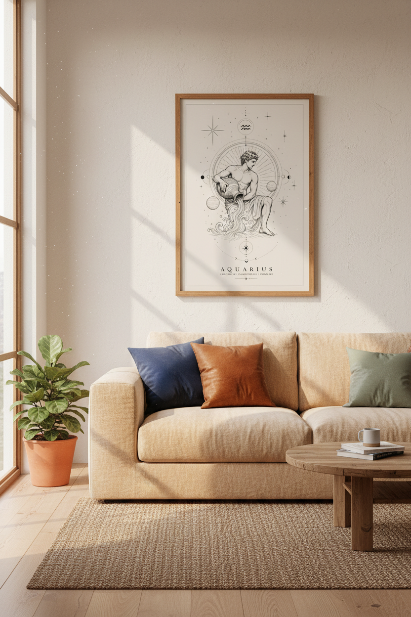 Aquarius Zodiac Wall Art | Celestial Sketch, Bedroom & Office Decor