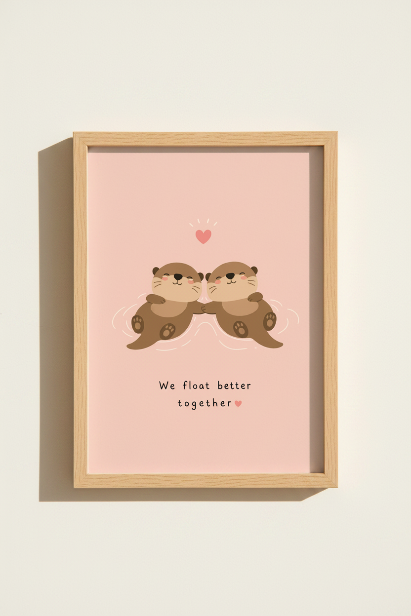 Otter Couple Wall Art Print | Cute Nursery Decor | Aesthetic Pink Poster