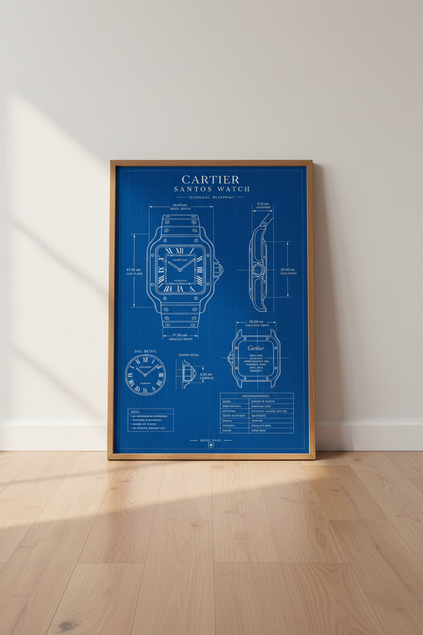 Cartier Santos Watch Blueprint Wall Art | Blue Technical Poster, Office Decor