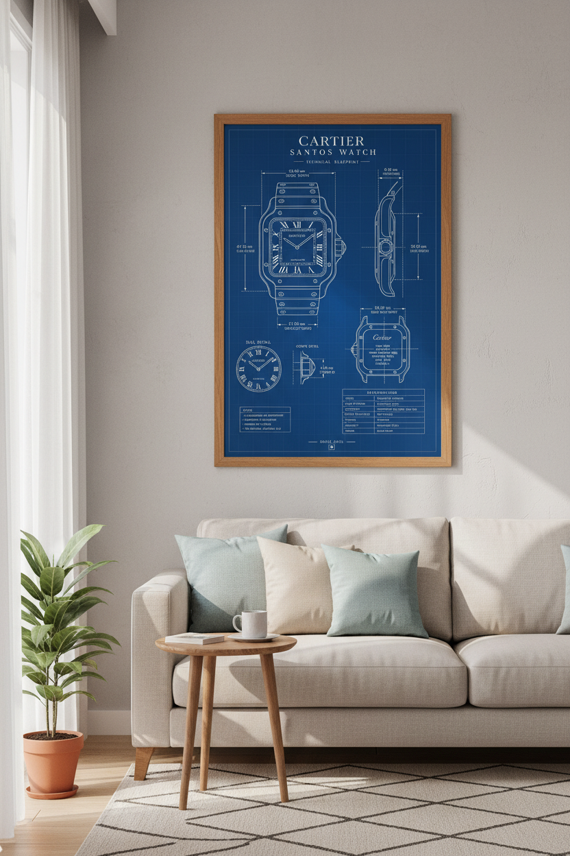 Cartier Santos Watch Blueprint Wall Art | Blue Technical Poster, Office Decor