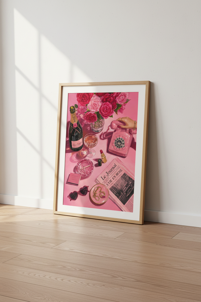 Pink Champagne Still Life | Preppy Aesthetic Decor, Maximalist Flower Poster