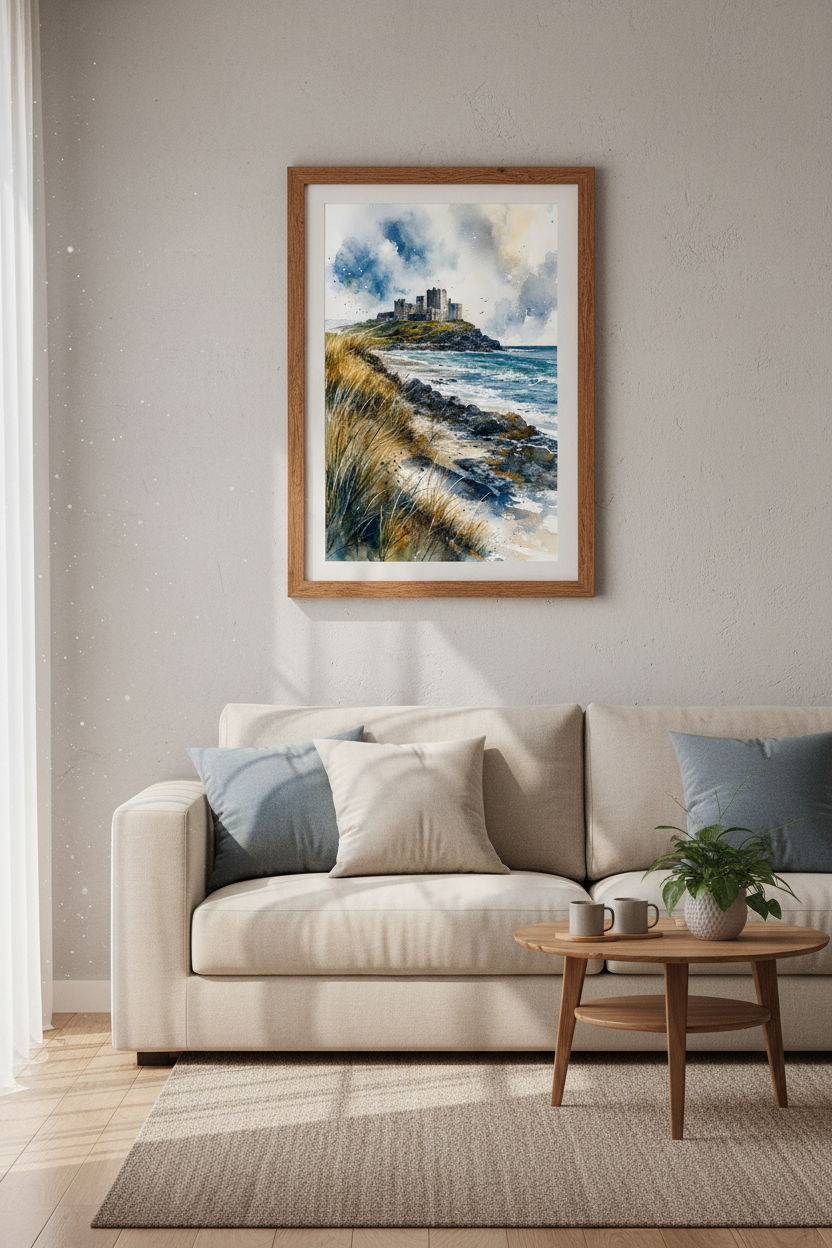 Coastal Castle Watercolor Print | Blue Moody Landscape Art, Living Room Decor