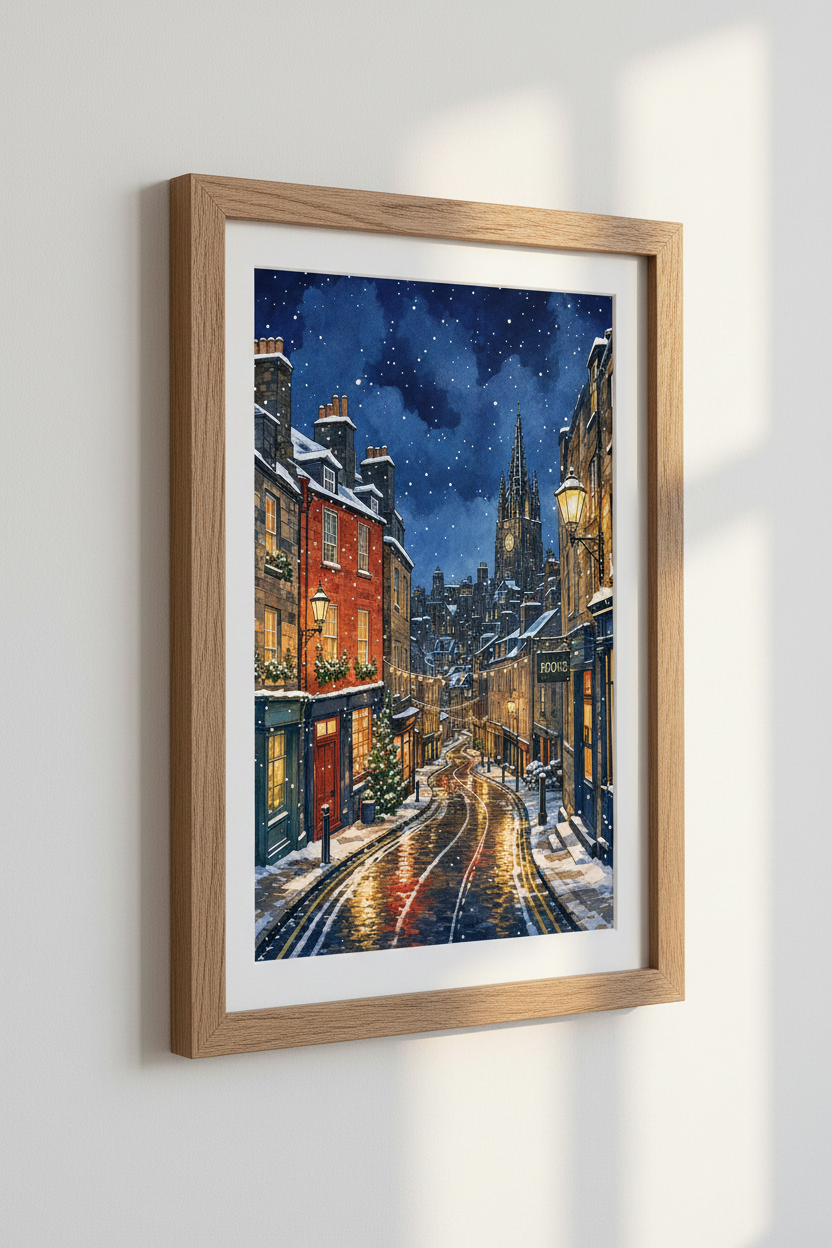 Winter Village Watercolor Art | Snowy Night Cityscape, Holiday Wall Decor