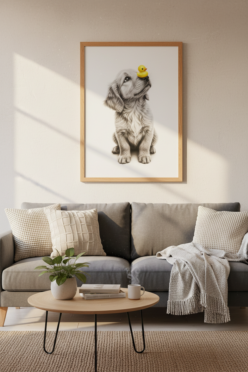 Golden Retriever Puppy with Duck Wall Art | Nursery & Bathroom Decor | Whimsical Poster