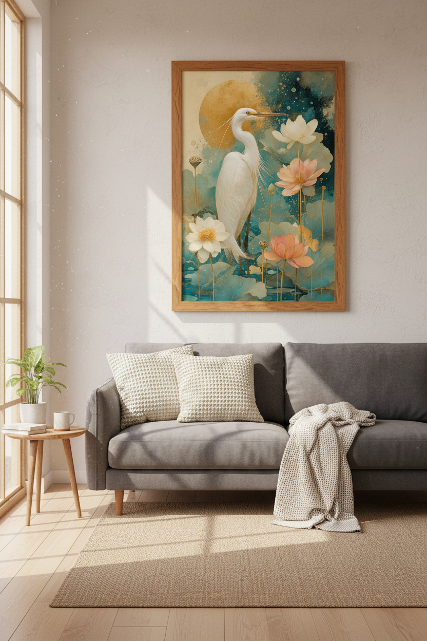 White Egret Lotus Wall Art | Teal and Gold Chinoiserie | Japanese Style Poster
