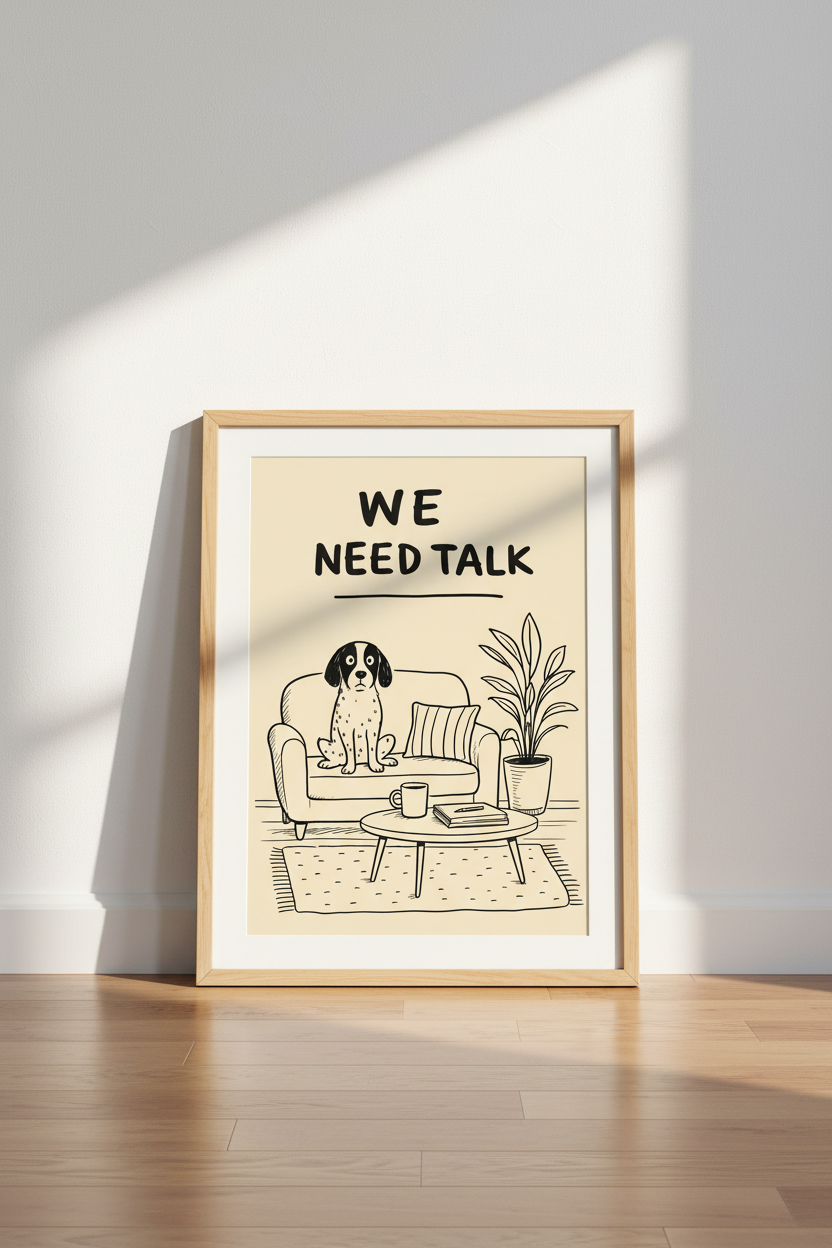 Funny Dog Wall Art | Hand-Drawn We Need Talk Poster, Minimalist Office Decor