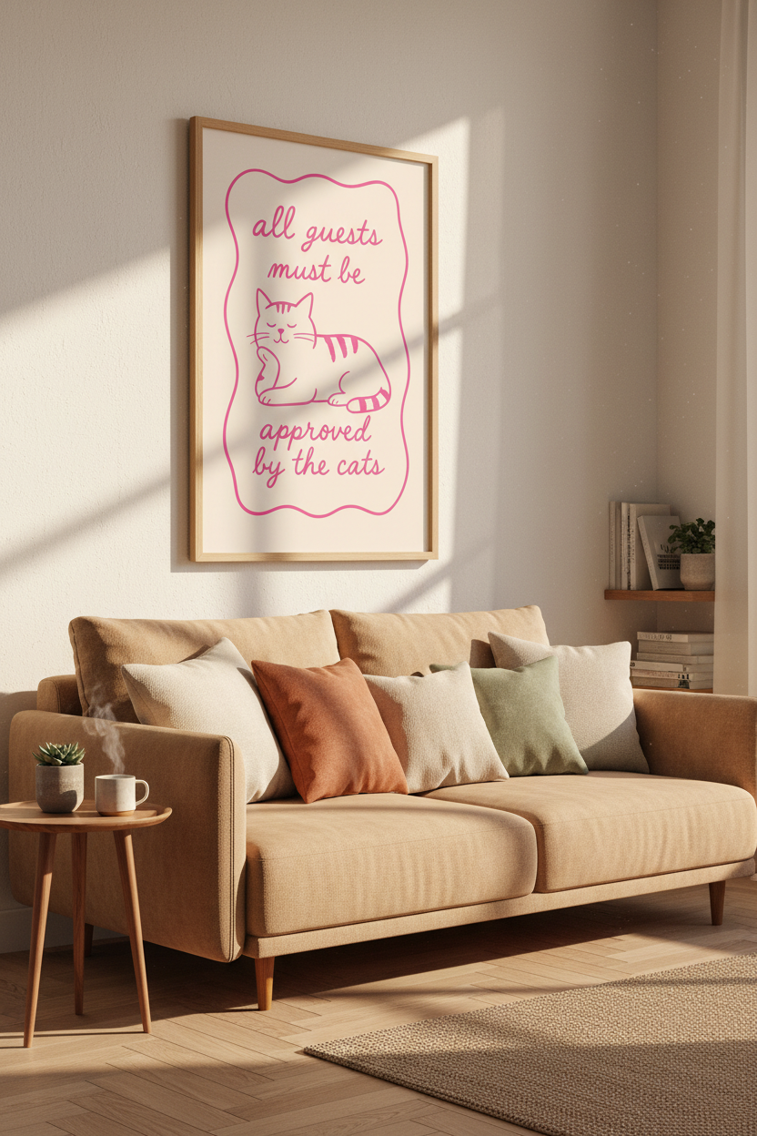 Funny Cat Lover Print | Pink Retro Wall Art, Entryway Decor | Whimsical Poster