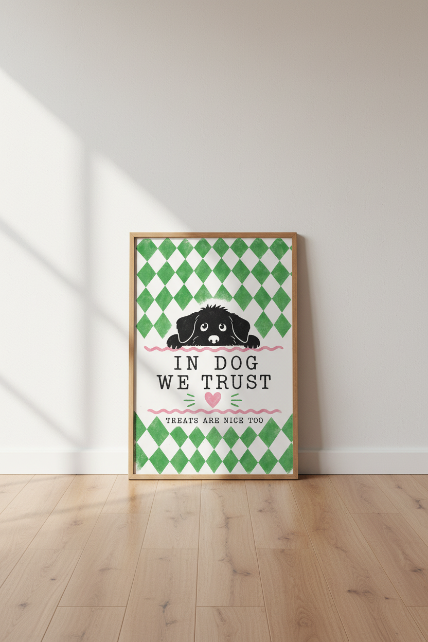 In Dog We Trust Wall Art | Green & Pink Puppy Poster | Funny Pet Decor