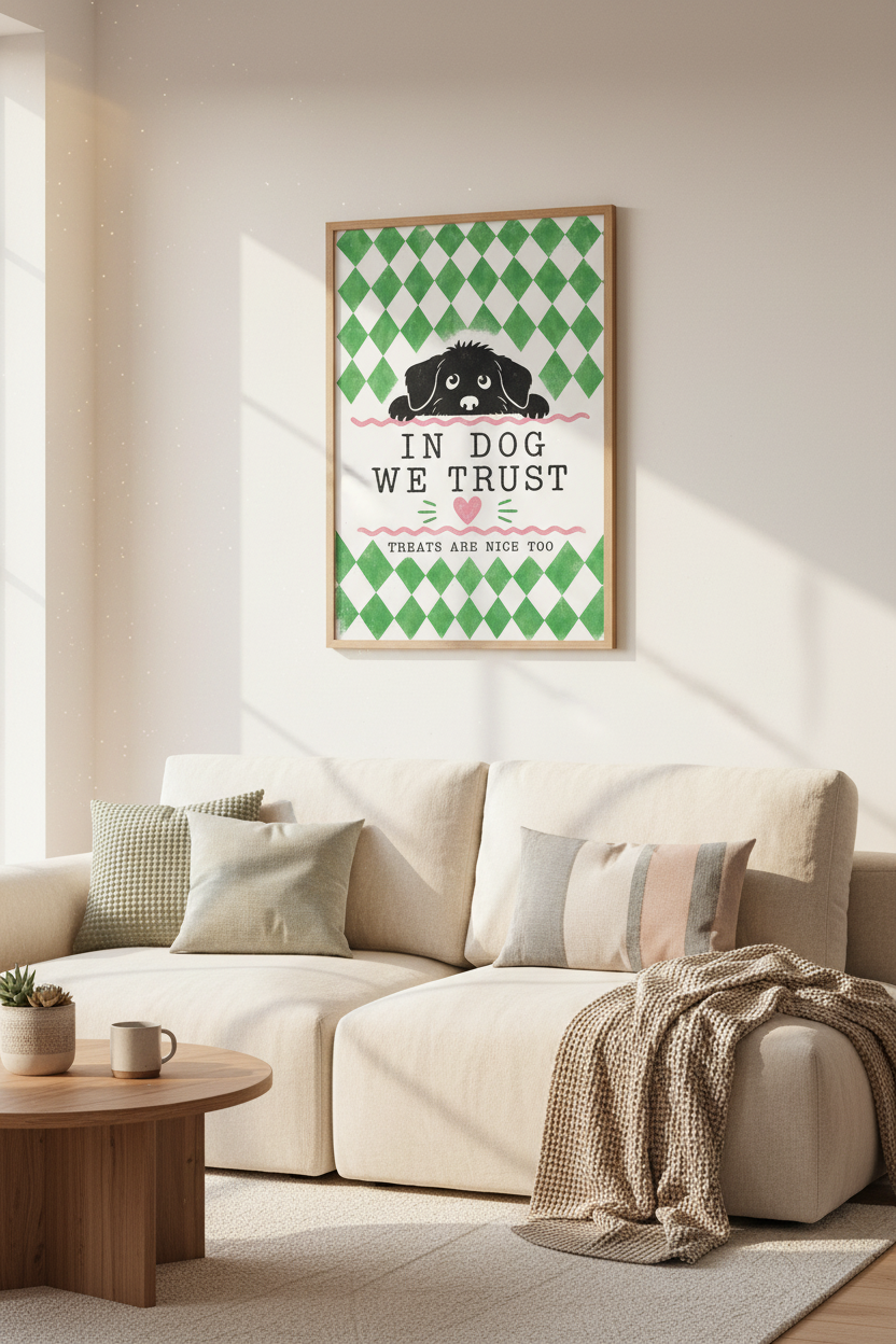 In Dog We Trust Wall Art | Green & Pink Puppy Poster | Funny Pet Decor