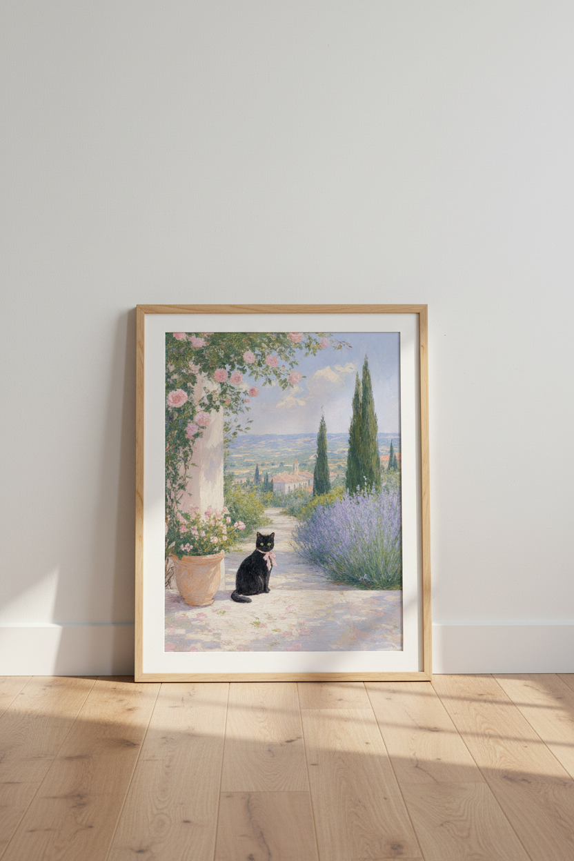 Black Cat in Provence Garden Wall Art | French Country Decor | Impressionist Poster