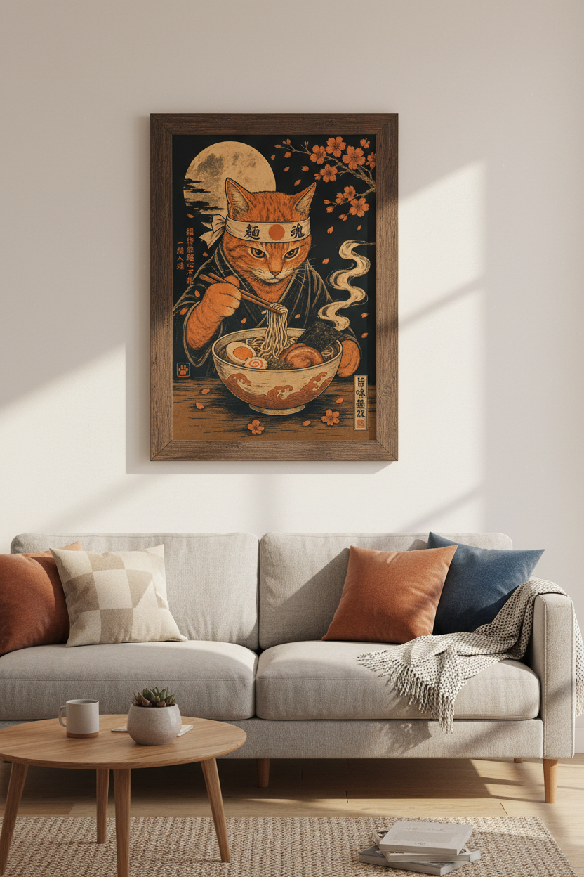 Japanese Samurai Cat Ramen Wall Art | Kitchen Decor | Ukiyo-e Style Poster