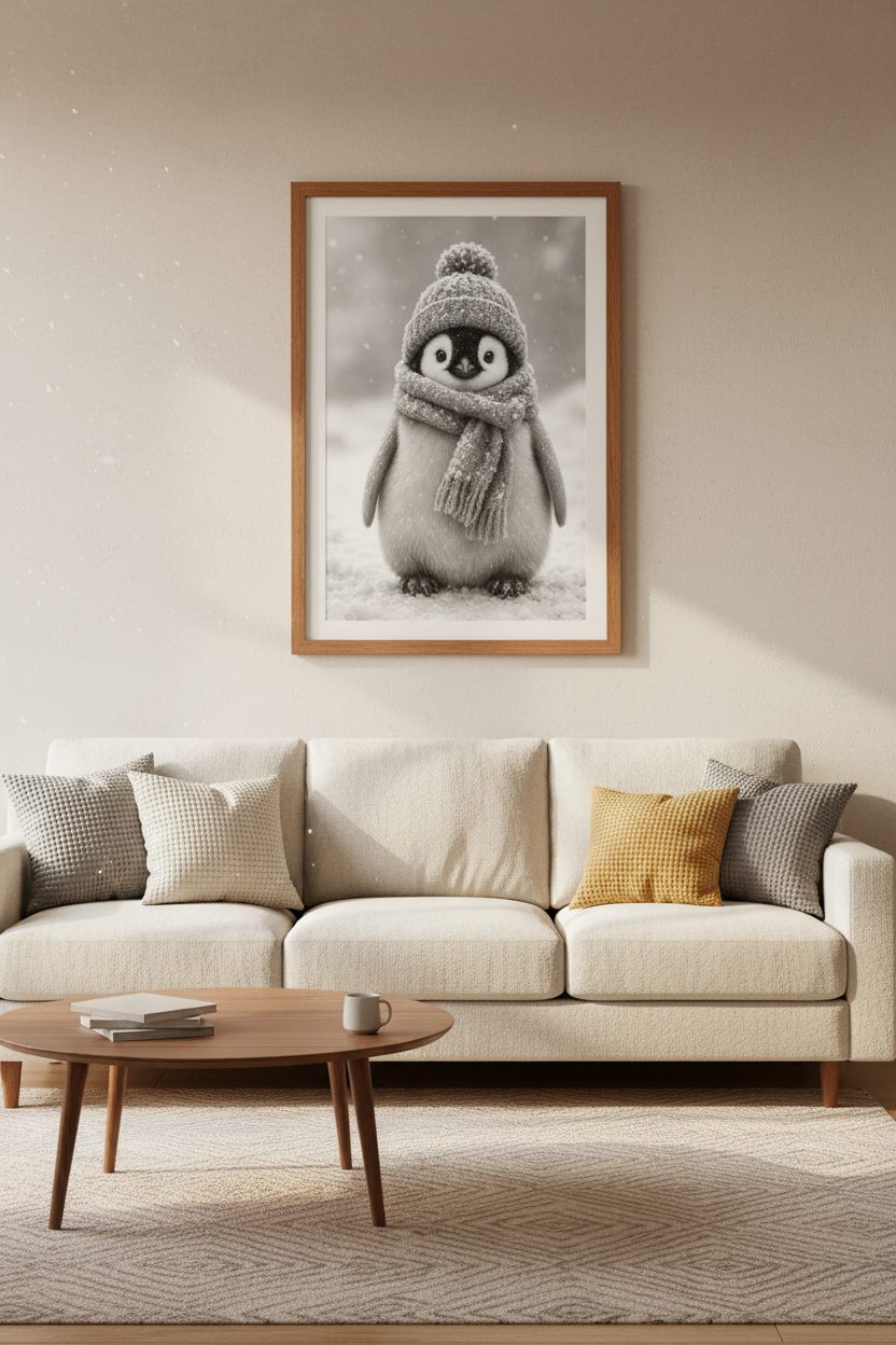 Baby Penguin Wall Art | Cute Winter Animal Poster | Black and White Nursery Decor