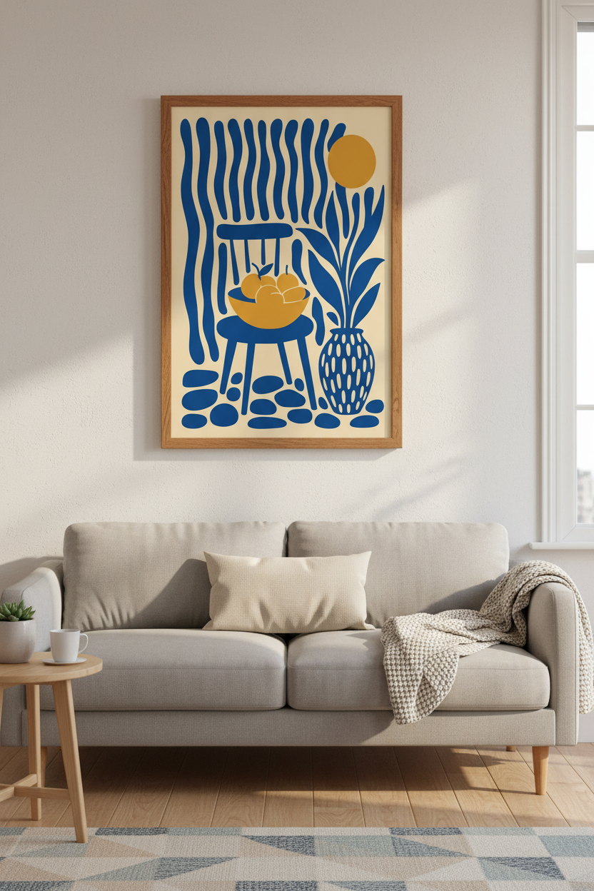 Abstract Still Life | Matisse Style Blue & Yellow Poster, Modern Living Room Wall Art