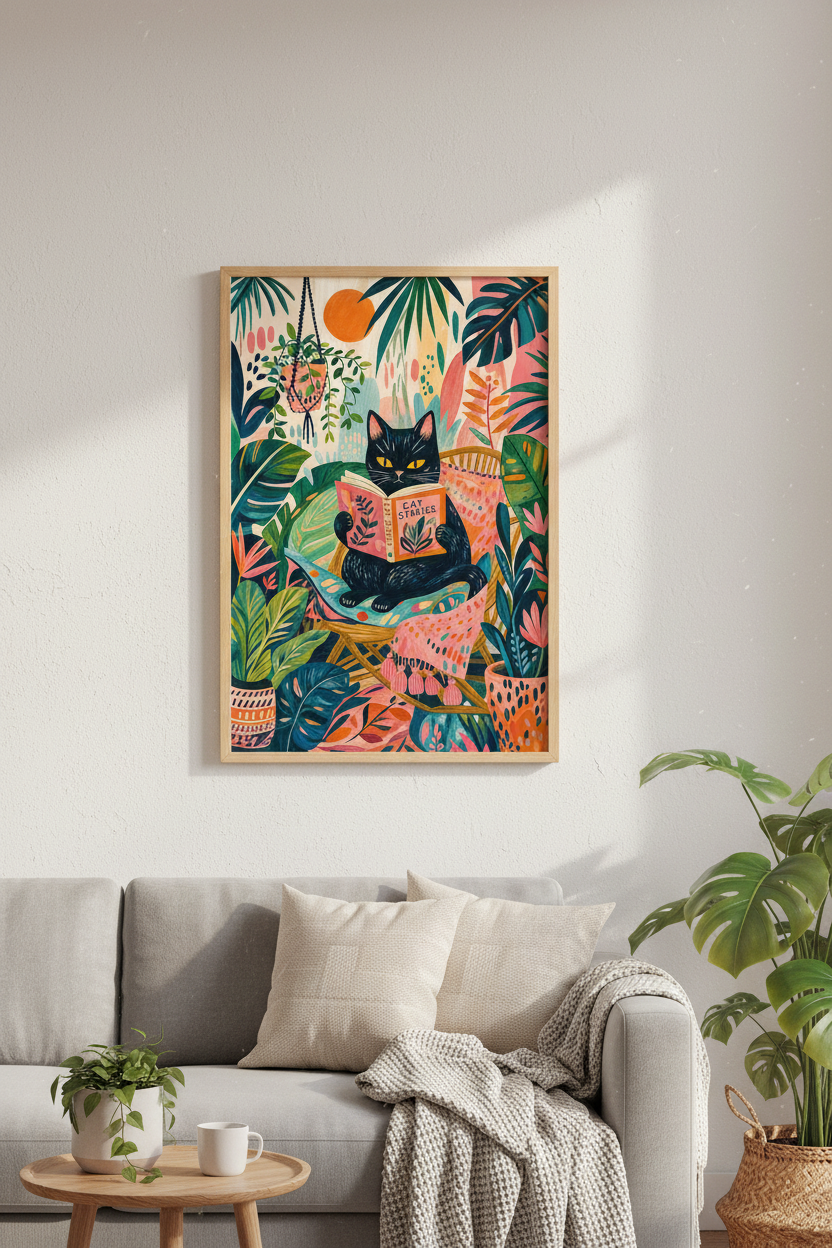 Black Cat Reading Wall Art Print | Botanical Boho Decor | Colorful Cat Poster