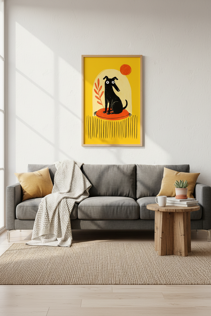 Black Greyhound Wall Art Print | Mid-Century Modern Yellow Poster | Fun Sighthound Decor